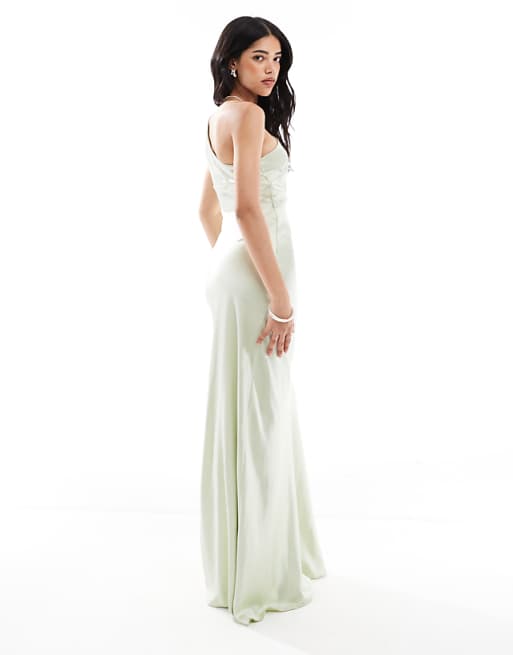 Six Stories Bridesmaid One Shoulder Satin Maxi Dress In Mint Green