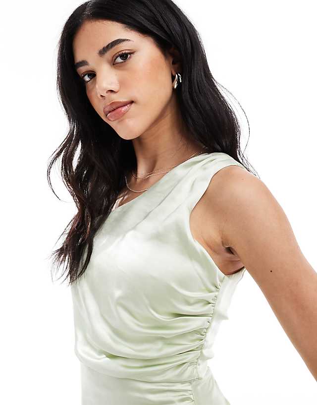 Six Stories Bridesmaid One Shoulder Satin Maxi Dress In Mint Green