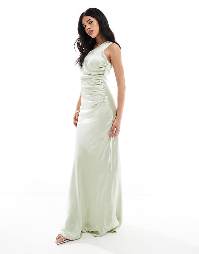 Six Stories Bridesmaid one shoulder satin maxi dress in mint green