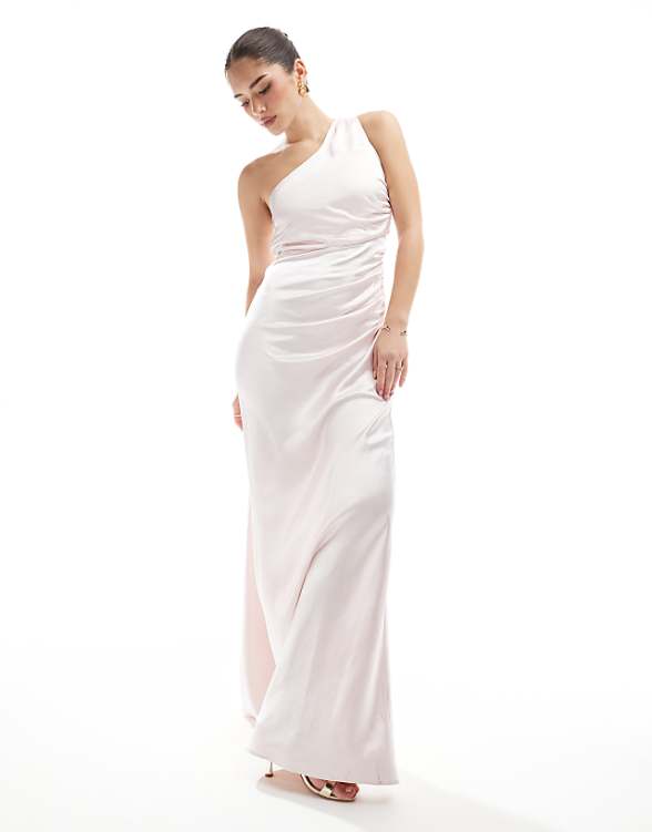 Six Stories Bridesmaid one shoulder satin maxi dress in powder pink