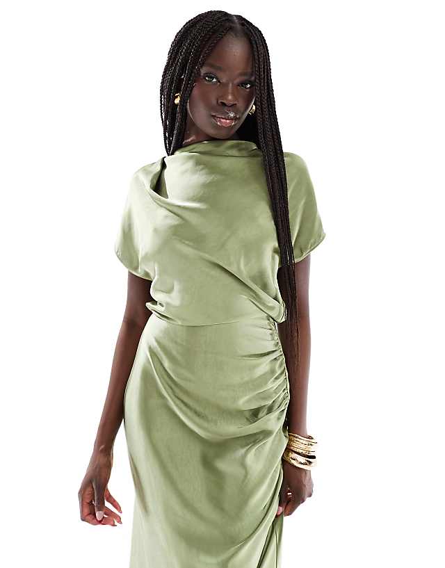 Six Stories Bridesmaid Ruched Drape Satin Maxi Dress In Moss Green