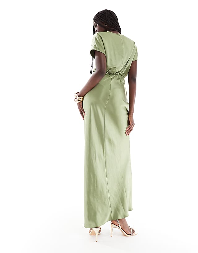 Six Stories Bridesmaid Ruched Drape Satin Maxi Dress In Moss Green