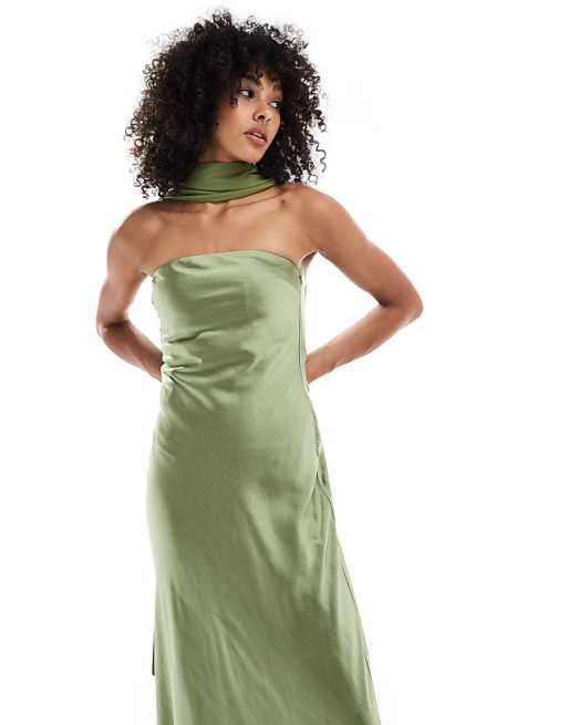 Six Stories Bridesmaid Satin Maxi Dress With Chiffon Neck Scarf In Moss Green