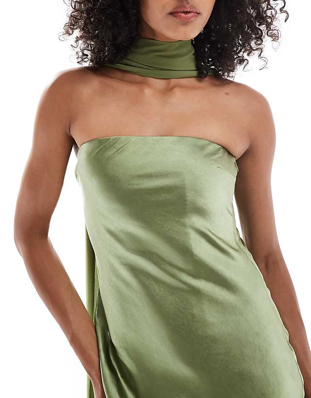 Six Stories Bridesmaid Satin Maxi Dress With Chiffon Neck Scarf In Moss Green