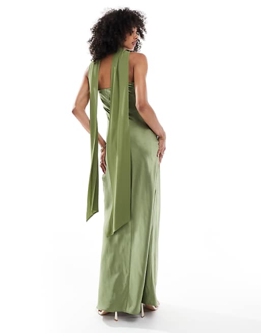 Six Stories Bridesmaid Satin Maxi Dress With Chiffon Neck Scarf In Moss Green