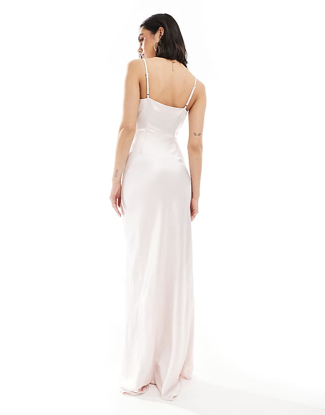 Six Stories Bridesmaid Satin Ruched Cami Maxi Dress In Powder Pink