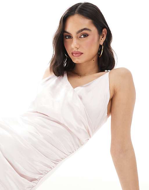 Six Stories Bridesmaid Satin Ruched Cami Maxi Dress In Powder Pink