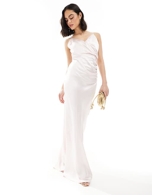 Six Stories Bridesmaid satin ruched cami maxi dress in powder pink