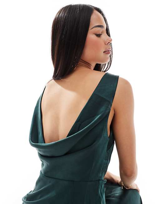 Six Stories Bridesmaids Cowl Back Satin Maxi Dress In Emerald
