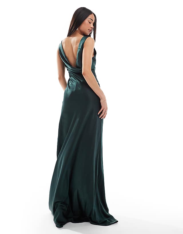 Six Stories Bridesmaids Cowl Back Satin Maxi Dress In Emerald