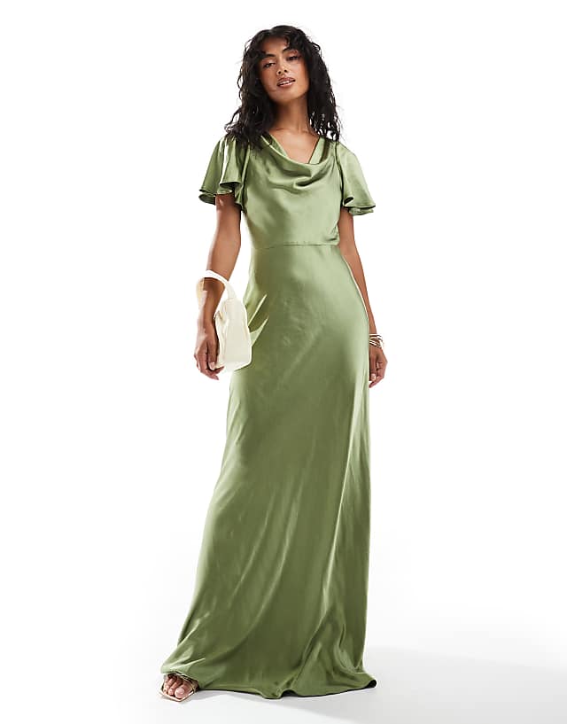 Six Stories Bridesmaids flutter sleeve satin maxi dress in moss green