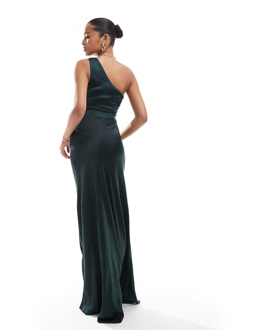 Six Stories Bridesmaids One Shoulder Satin Maxi Dress In Emerald