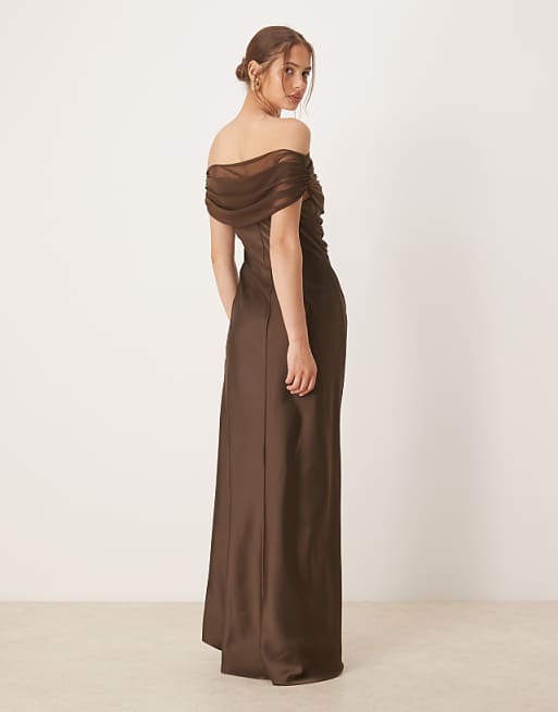 Six Stories Off Shoulder Mesh Satin Midaxi Dress In Chocolate