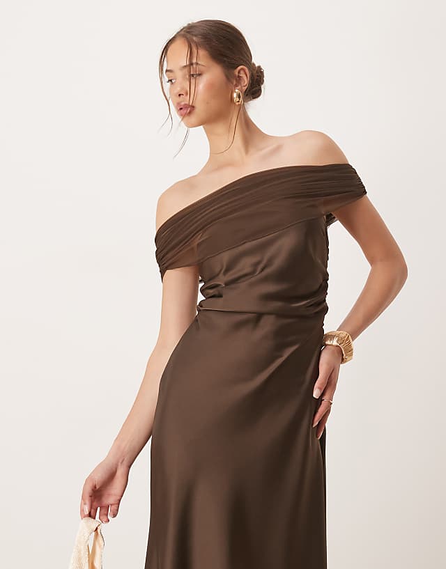 Six Stories Off Shoulder Mesh Satin Midaxi Dress In Chocolate