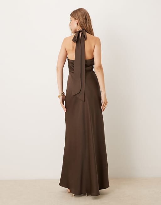 Six Stories Twist Front Satin Maxi Dress In Chocolate