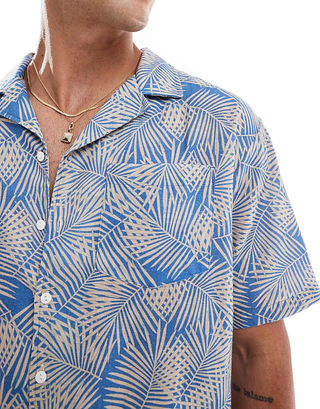Sol Beach Palm Print Linen Beach Shirt In Light Blue
