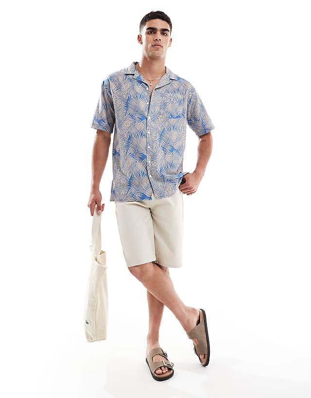 Sol Beach Palm Print Linen Beach Shirt In Light Blue