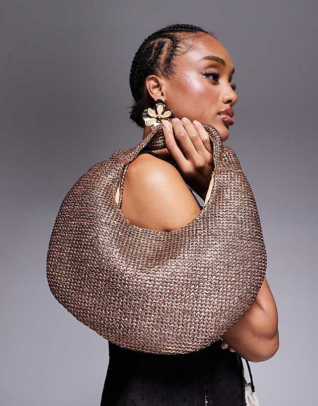 South Beach Curved Woven Shoulder Bag In Bronze