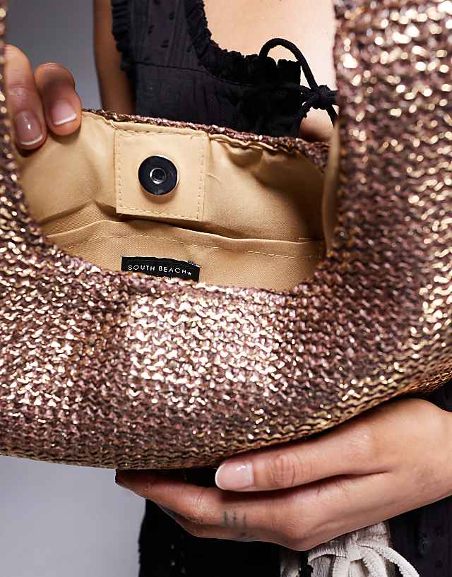 South Beach Curved Woven Shoulder Bag In Bronze