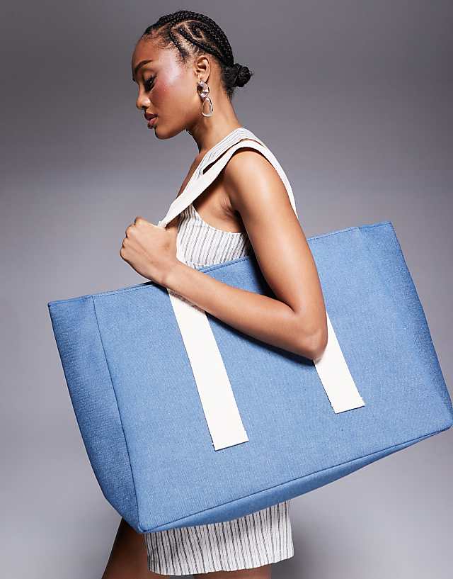 South Beach Denim Look Large Canvas Tote Bag With Contrast Strap In Blue