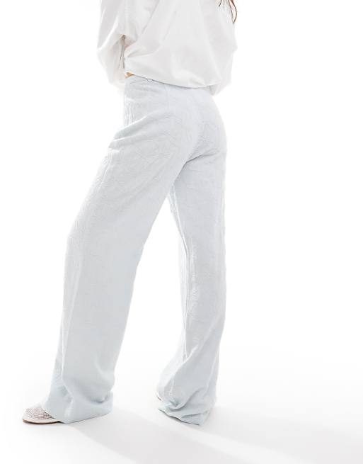 Stradivarius Linen Look Embroidery Detail Trouser In Blue