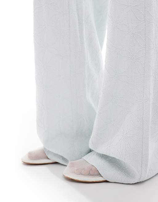 Stradivarius Linen Look Embroidery Detail Trouser In Blue