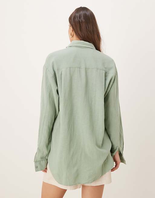 Stradivarius Linen Look Long Sleeve Shirt In Khaki