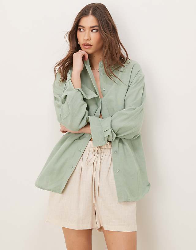 Stradivarius Linen Look Long Sleeve Shirt In Khaki