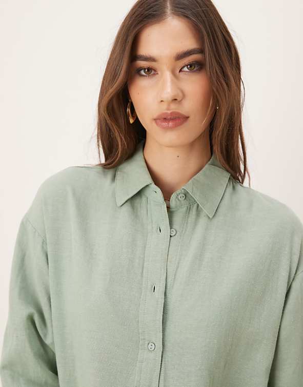 Stradivarius Linen Look Long Sleeve Shirt In Khaki