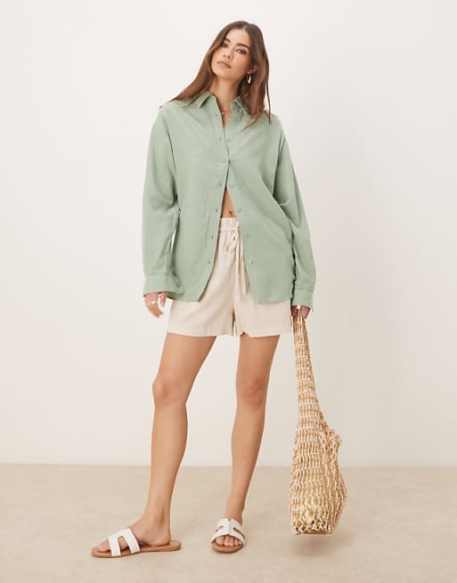 Stradivarius linen look long sleeve shirt in khaki