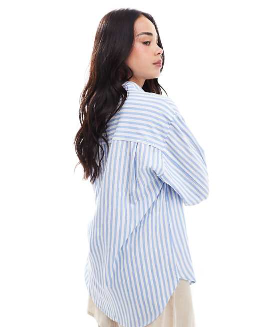 Stradivarius Linen Look Long Sleeve Shirt In Light Blue Stripe