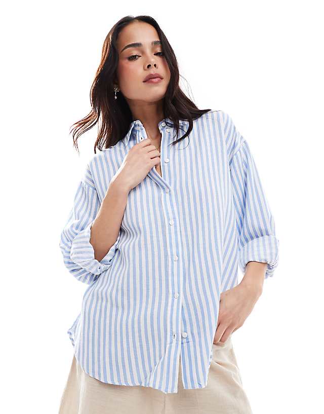 Stradivarius linen look long sleeve shirt in light blue stripe