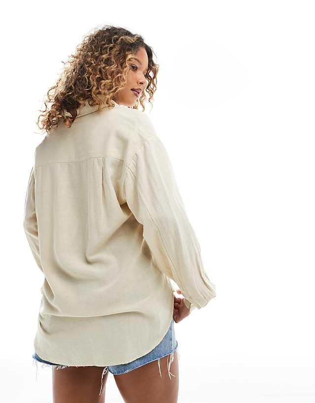 Stradivarius Linen Look Long Sleeve Shirt In Oatmeal