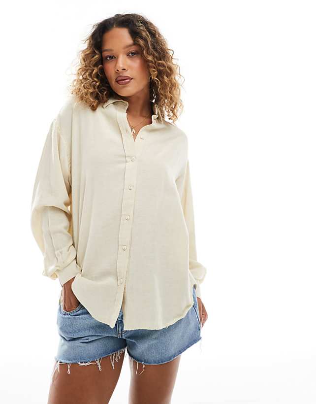 Stradivarius linen look long sleeve shirt in oatmeal