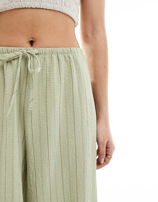Stradivarius Linen Look Wide Leg Trouser In Khaki Stripe