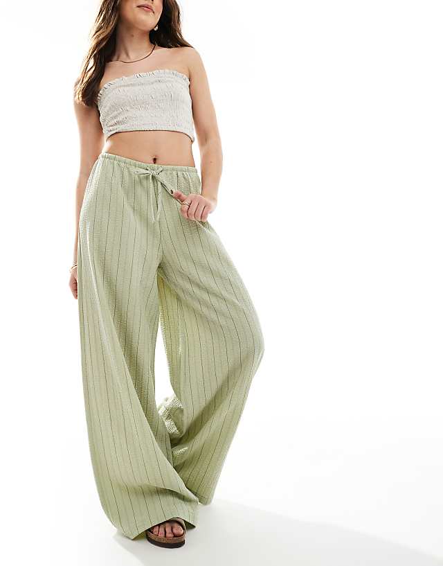 Stradivarius Linen Look Wide Leg Trouser In Khaki Stripe