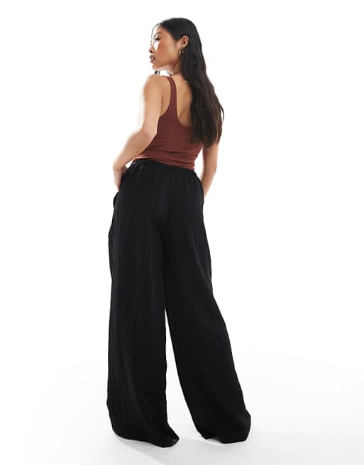 Stradivarius Petite Wide Leg Crinkle Tie Waist Trouser In Black