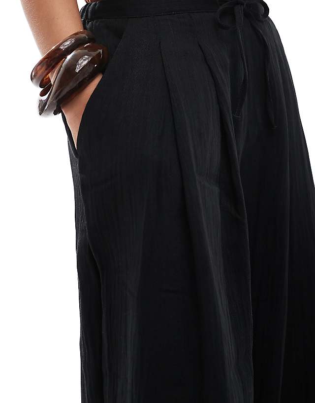 Stradivarius Petite Wide Leg Crinkle Tie Waist Trouser In Black