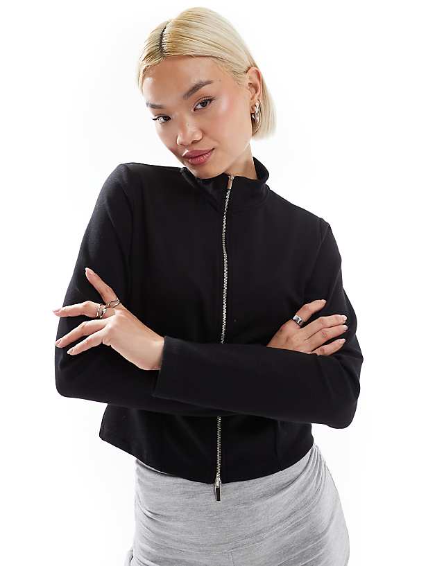 Stradivarius soft touch zip through track jacket in black