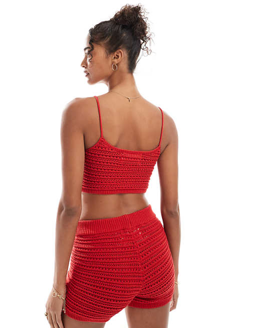 Stradivarius STR Co Ord Crochet Crop Top In Red