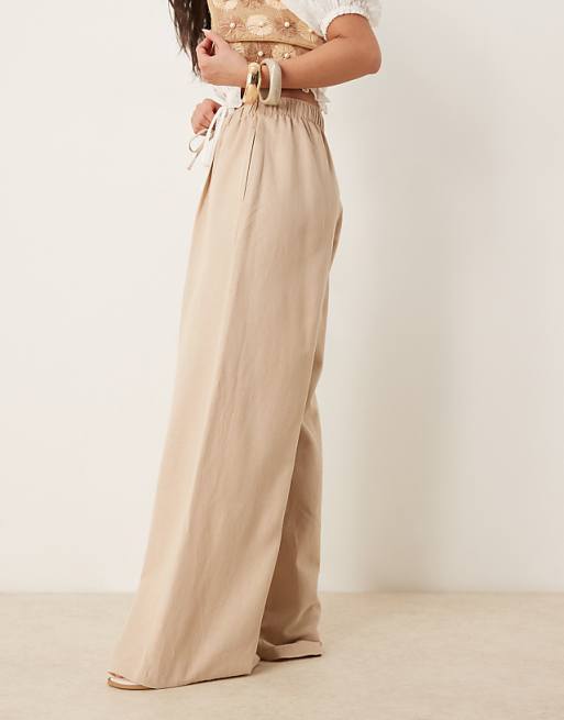 Stradivarius STR Linen Look Trouser With Drawstring In Stone