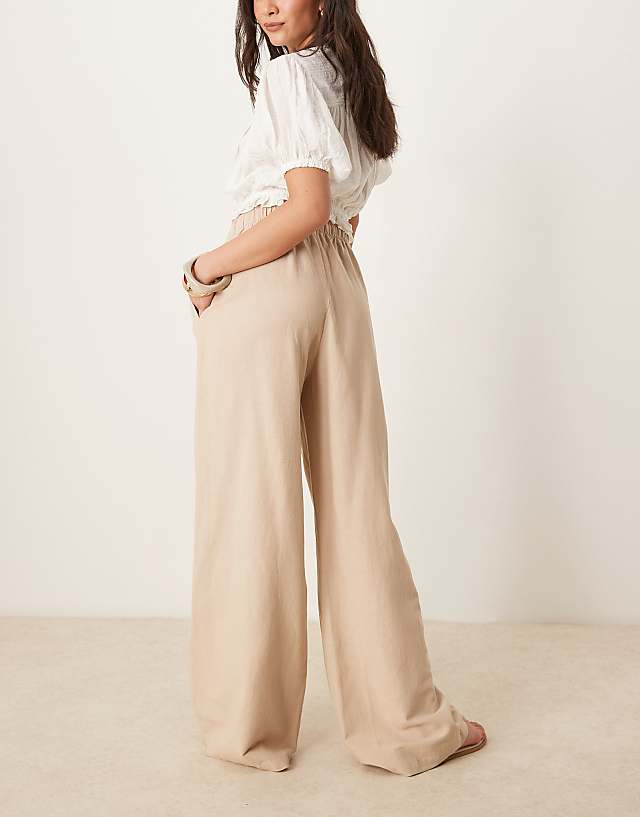 Stradivarius STR Linen Look Trouser With Drawstring In Stone