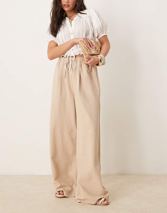 Stradivarius STR Linen Look Trouser With Drawstring In Stone
