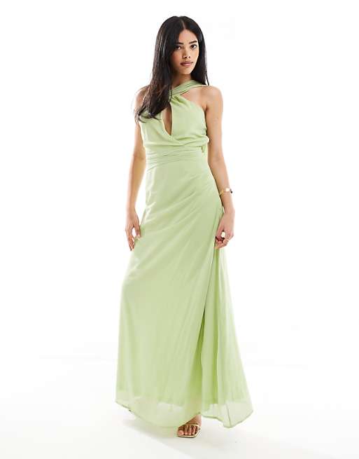 TFNC Asymmetric Maxi Dress With Drape Scarf Detail In Lime