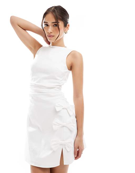 TFNC Bridal Boat Neck A-line Mini Dress With Bow Side In White