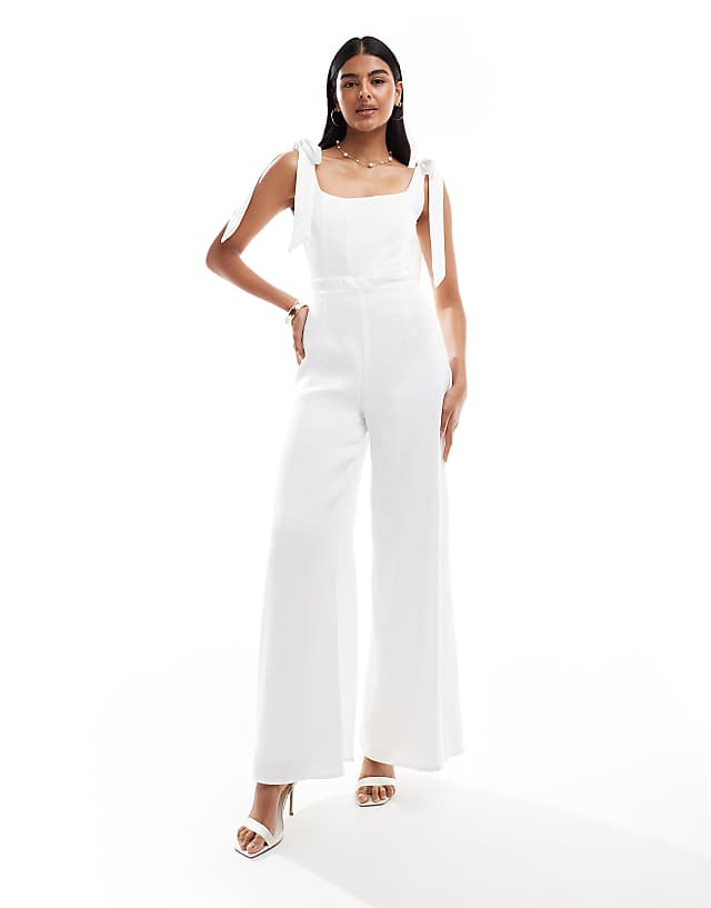 TFNC Bridal Tie Shoulder Satin Wide Leg Jumpsuit In White