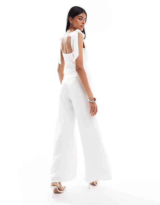 TFNC Bridal Tie Shoulder Satin Wide Leg Jumpsuit In White