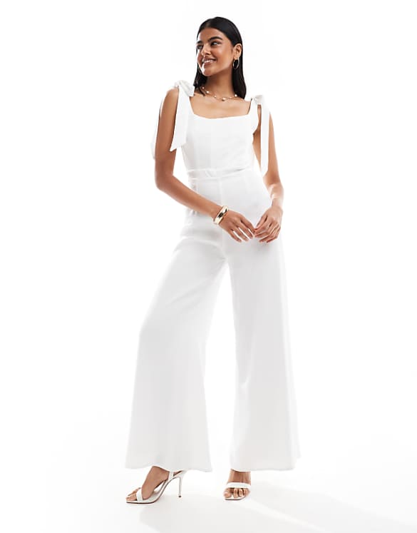TFNC Bridal tie shoulder satin wide leg jumpsuit in white
