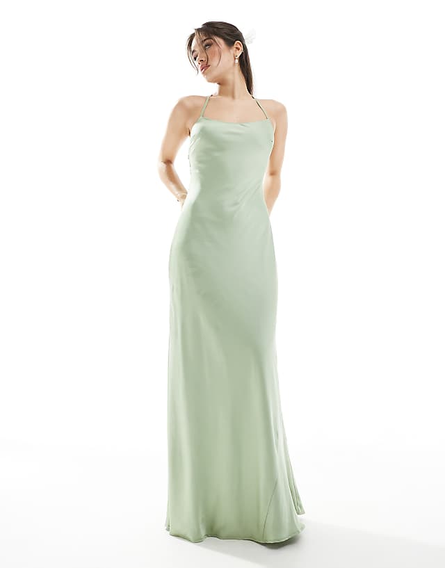 TFNC Bridesmaid Cami Satin Maxi Dress With Chiffon Tie Back In Sage