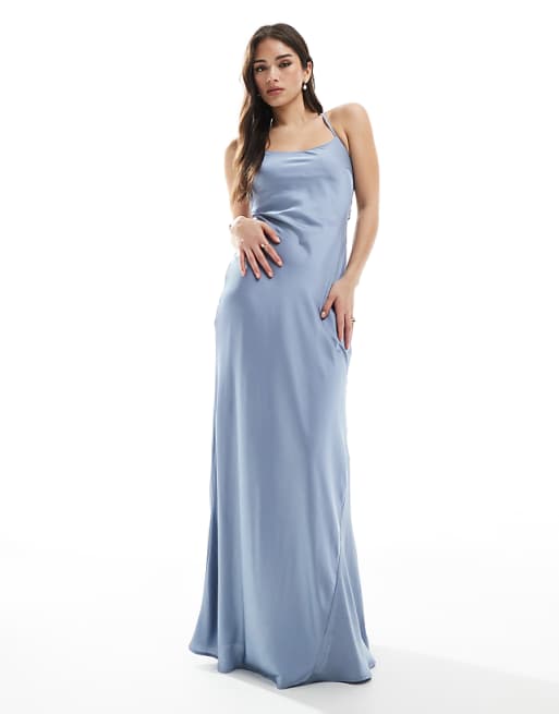 TFNC Bridesmaid Cami Satin Maxi Dress With Chiffon Tie Back In Dusty Blue